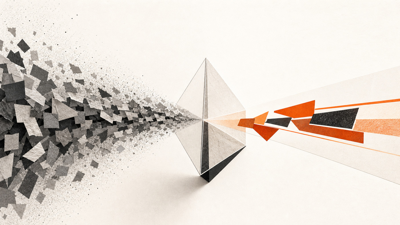 Abstract prism separating a wide stream of gray application noise from a smaller orange path of evidence-backed signals.